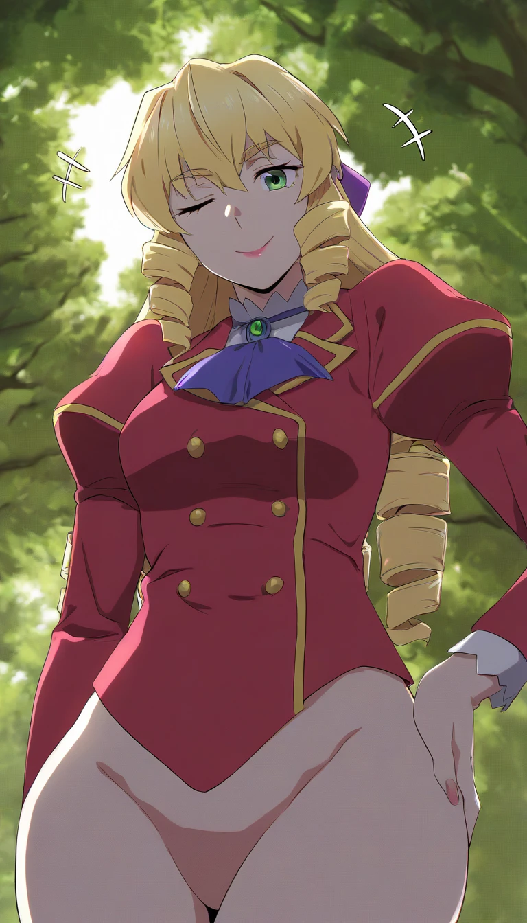 standing, sexy pose, dress, brown cross-laced footwear, cleavage, black ribbon, clothing cutout, juliet sleeves, white thighhighs, garden background, Satellizer L. Bridget, anime cels style, best quality, high resolution, (huge breasts:1.2), cowboy shot, blush, smiling, blonde hair, long hair, blue eyes, semi rimless eyewear