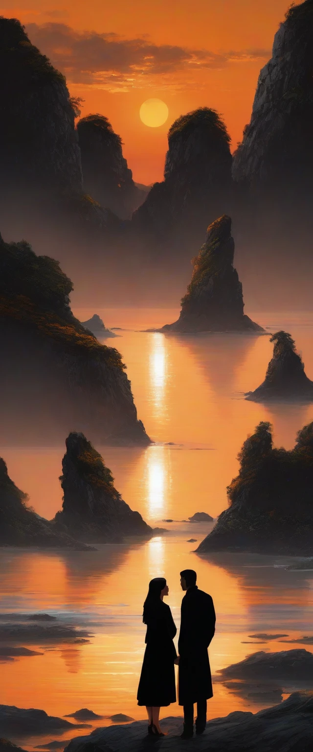 a man and a woman facing each other, dressed in black clothes, atras deles, a beautiful island with crystalline stones, reflecting the orange of sunset.