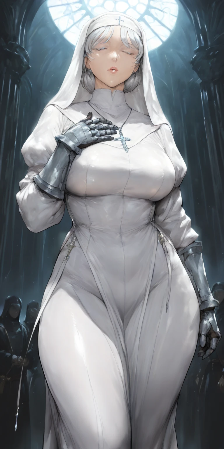 ((masterpiece)),(((best quality))),((character design sheet)), ((full body view)) mature face, defined cheekbones,((long hair:1.2)), Perfect Beautiful , (robot Face) ,((chrome skin:1.1)), (silver arms, silver face, silver legs) ((android woman)),( metallic android , long Hair , Black Gothic Nun Dress , Athletic Body , ((metallic legs:1.2)), Realistic Lighting , Gothic Makeup , Posing Like a Model , Look at Viewer, cool lighting, ((cool ambiance light:1.0))high cheekbones, illustration, muscular, sexy bimbo, (gigantic breasts:1.3) ((detailed face:1.4)) beautiful woman, shiny skin, scribbles and marks,(puffy lips:1.4) , rough sketches, pose, 8k,16k, (simple background, white background: 1.3) ((cool color palette)),