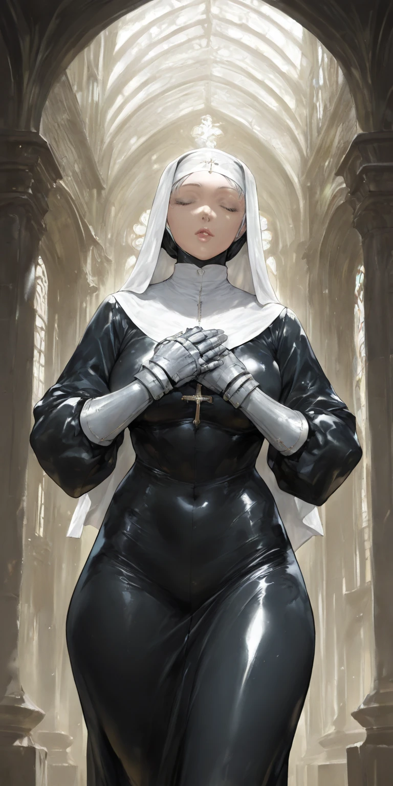 nun girl,(((1girl))),,
(large breasts:1.2),((((long hair,black hair)))),((white_eyes:1.5)),intricate eyes,beautiful detailed eyes,symmetrical eyes,Big eyes:1.5,((fat)),(((lustrous skin:1.5,bright skin: 1.5,skin tanned,shiny skin,very shiny skin,shiny body,plastic glitter skin,exaggerated shiny skin,illuminated skin))),(spider lower abdomen,narrow waist,wide hip,athletic body,inflated legs,thick thighs,detailed body,(detailed face)),
cute,slutty,seductive,erotic,(nsfw),
((nun)),((bodysuit, cross, black bodysuit, latex, latex bodysuit, white bodysuit, white latex)),
(dynamic pose:1.0),embarrassed,(centered,scale to fit dimensions,Rule of thirds),
((church,Huge floor-to-ceiling windows)),entrance lights through the windows,scenery:1.25,intricate scenery,((church background)),
(Glossy church ornaments),highres,sharp focus,(ultra detailed,extremely detailed),(photorealistic artwork:1.37),(extremely detailed CG unity 8k wallpaper),(((vibrant colors,vibrant theme))),(intricate),(masterpiece),(best quality),artistic photography,(photography taken by sldr),(intricate background),perfect rendered face,perfect face details,realistic face,photo realistic,((intricate detail)),(((realism))),