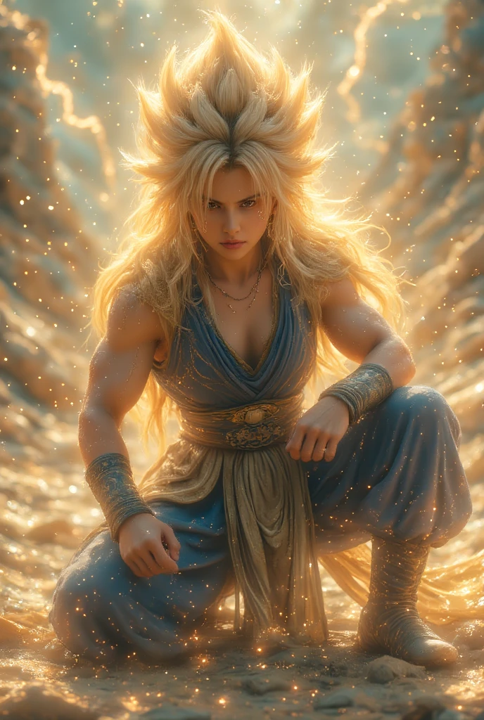 A powerful anime warrior in Super Saiyan 3 style, with long spiky golden hair, glowing red eyes, and a serious intense expression. He crouches dramatically on a desert battlefield with one fist on the ground, surrounded by electric golden lightning. His muscular physique and detailed battle outfit with a dark vest and blue pants are highlighted by the bright sun. Cinematic composition, dramatic lighting, ultra-detailed character design, anime-realistic fusion style, dynamic energy effects, highly detailed hair and textures --v 6 --ar 2:3 --style cinematic