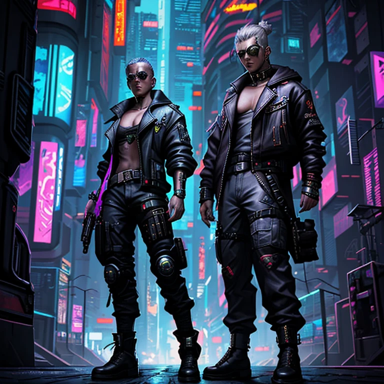 An award winning master piece photo of 2 cyborg man with psychedelic colors standing in a city street at night in the rain, wearing neon-colored glowing goggles, 8k, (high quality:1.1), (cinematic feeling:1.1), dark deep shadows, incredibly intricate detailing, art , (up close:1.1), from above, looking at viewer, (light sparkles:1.1), (chromatic aberration,:1.2)