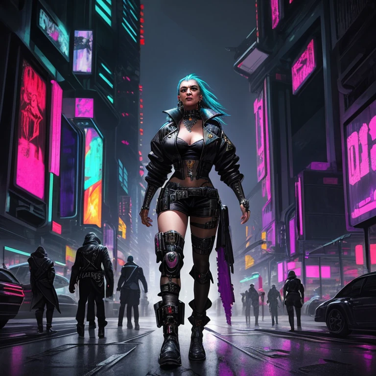 3/4 shot.Unbeatable masterpiece, Ultra photo realsisim, Perfect Artwork, Intricate details, Best Quality, strong lights,High contrast,((Post apocalyptic futuristic Cyberpunk , outline):1.35) , ((masterpiece)),((Extremely detailed)) , ((extremely detailed and beautiful face)) , Smoky makeup, Perfectcomposition , intricate detailes , neon light , neon trim, (full body Esbian:1.25) , (Official art) , Very delicately beautiful cyberpunk girl, long rainbow colored hair blowing in the wind, cybernetic limbs, vibrant yellow eyes, long detailed eyelashes, huge enormously gigantic tits, cleavage showing, wearing highly detailed futuristic oversized hooded battle armor, tons of tattoos and piercings(1girl:1.3) , Solo , (glass screen:1.2) , (Clear glass) , Tindall Effect , Colorful refraction , visual impact , (High light contrast) , Colorful , Melt , (Cyberpunk:1.2) ,(flinch :1.4) ,