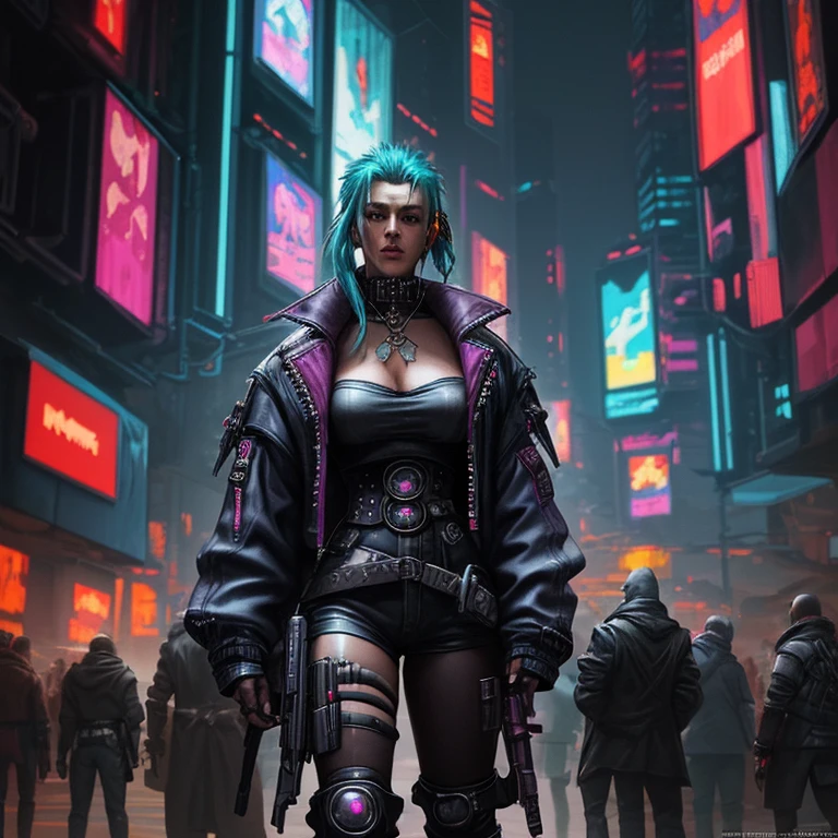 [Ultra-realistic][Cyberpunk-style] Ultra-realistic images of reality. Cyberpunk-style world. The protagonists win in battle royale or PVP and are excited to the max. Images of partygoers. The protagonist is a super beautiful woman with purple hair. Her companions are a vicious bear, a vicious rabbit, a golden-haired monkey, and cyberpunk-style cyborgs. The other characters are cyberpunk-style cyborgs. Created with a super-realistic feel like in the movies.