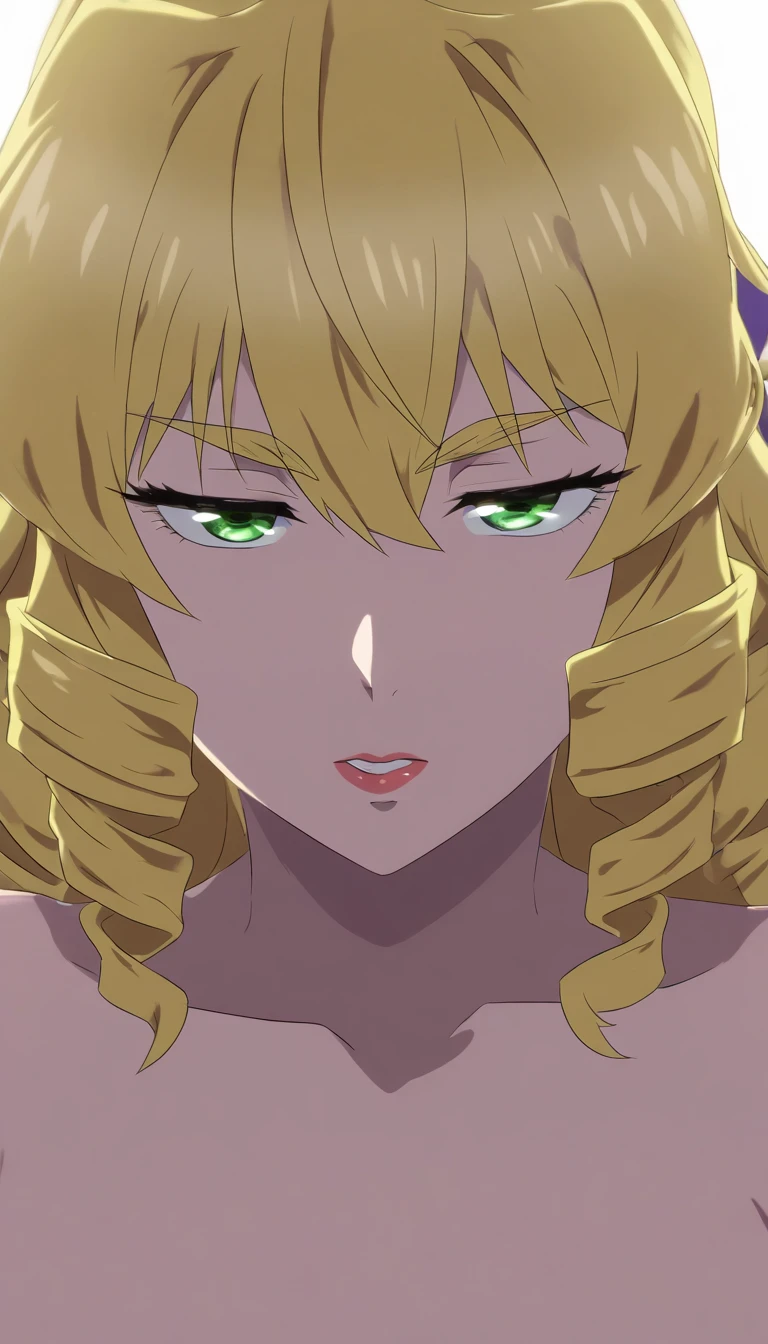 Girl with short wavy pastel green hair, with big red eyes, full lips, soft skin, hard eyes, with a hero aura.