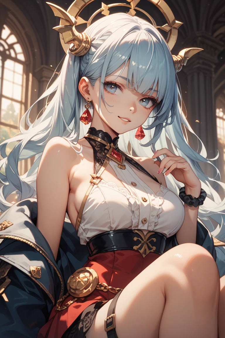 (1girl, glowing, large breasts, glowing eyes, happy) (digital) (crossed legs indian style in detailed hallway) , best quality, masterpiece, looking at viewer, smile, shenhedef, shenhernd, (ultra detail face, ultra detail eyes)