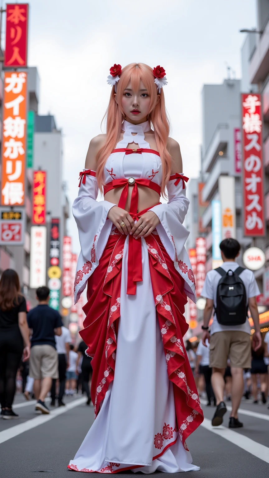 best image quality、top quality、high resolution、masterpiece、pictures、 upper body、stand、front、1 Japanese girl、
cosplay、
Daytime Akihabara background