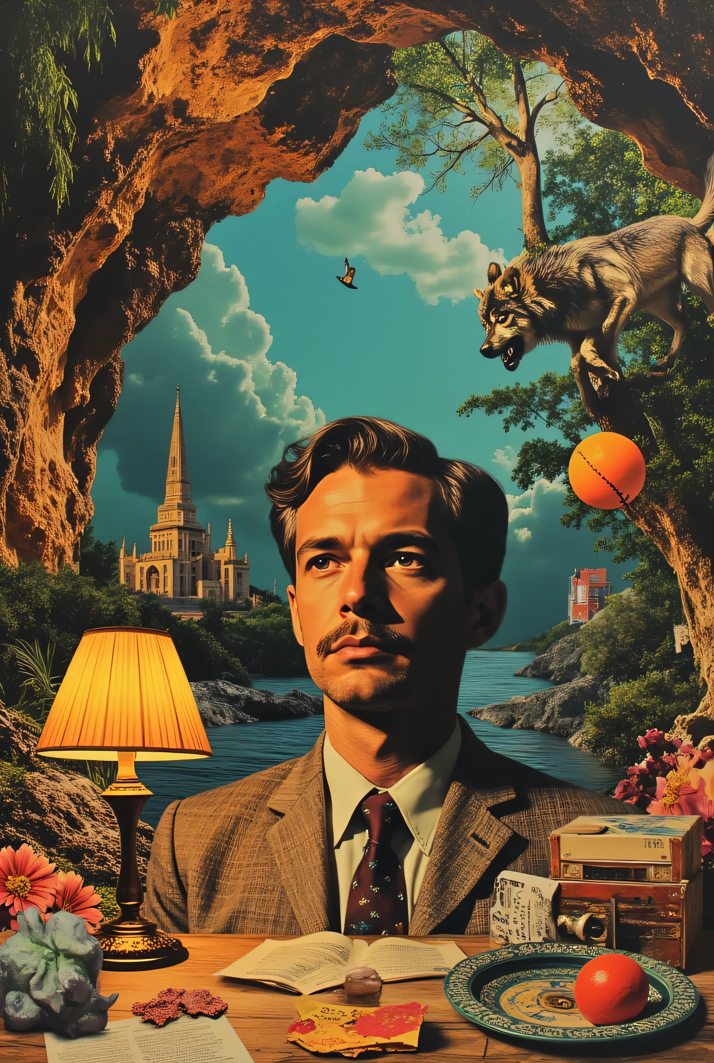 (Masterpiece: 1.0), collage art, portrait of Aldous Huxley, diesel truck, Walt Disney cartoonists at drawing boards, wolf pack hunting, brutalist apartment towers, Black Forest scene, gumdrops, gramophone, hurricane lamp, underground cavern with stalactites, Buddist temple in ruins, cinematic, hyper-realistic, 8k, dramatic chiaroscuro, warm tones, high contrast