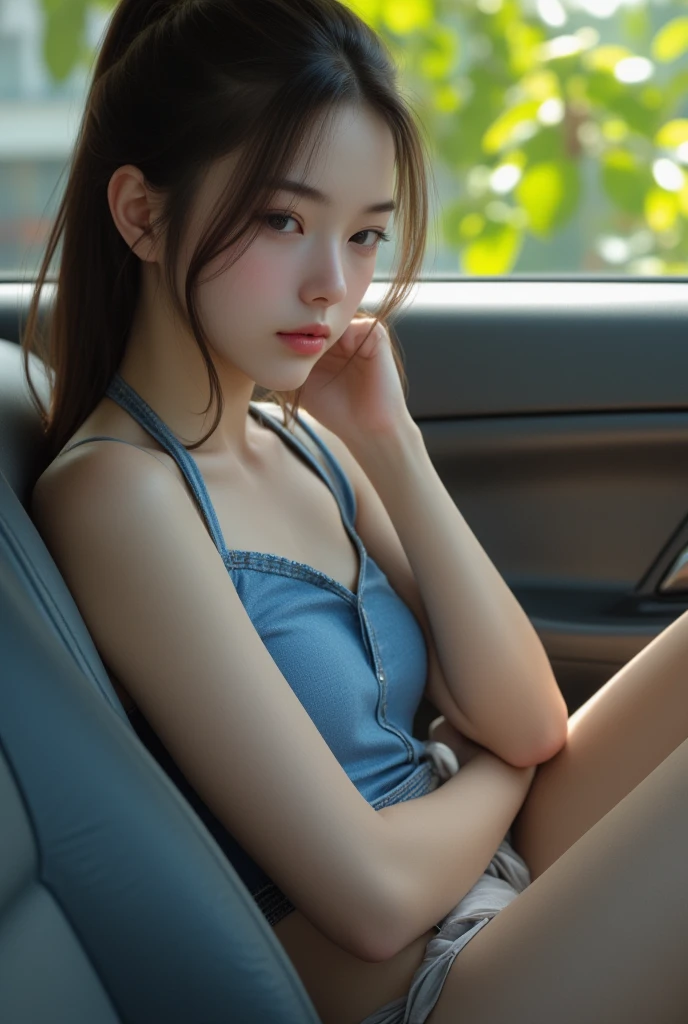A 19 year old Caucasian young woman reclining in her car, casual, contemporary, relaxed and slightly exhausted. Dark brown hair tied in a ponytail, wearing a tight-fitting denim shorts, a halter neck, blue, the scalloped fabric is clearly visible, the upper part of the body, legs and feet are partially visible, neutral-colored tights. The woman's posture is calm and attentive, tilted slightly to the right, looking down. Natural light is streaming in through the car window, the background reveals lush green leaves and a building partially visible in the distance. Dark gray car interior, leather car seats, medium close-up, view from inside the car, looking out at a slight low angle.