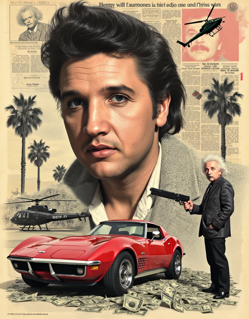 Masterpiece, high resolution, ultra sharp, vintage collage, authentic newspaper scraps, handsome elvis presley close up with a gun prominant on top of poster, (einstein standing near the car), movie poster cinematic, surreal, palm trees, there is a 69 corvette, pastel color, an army helicopter, set up an aesthetic collage, ian fleming inspired, atomic explision, black and white mixed with color, add dollars flying around, dice, showgirls in costume