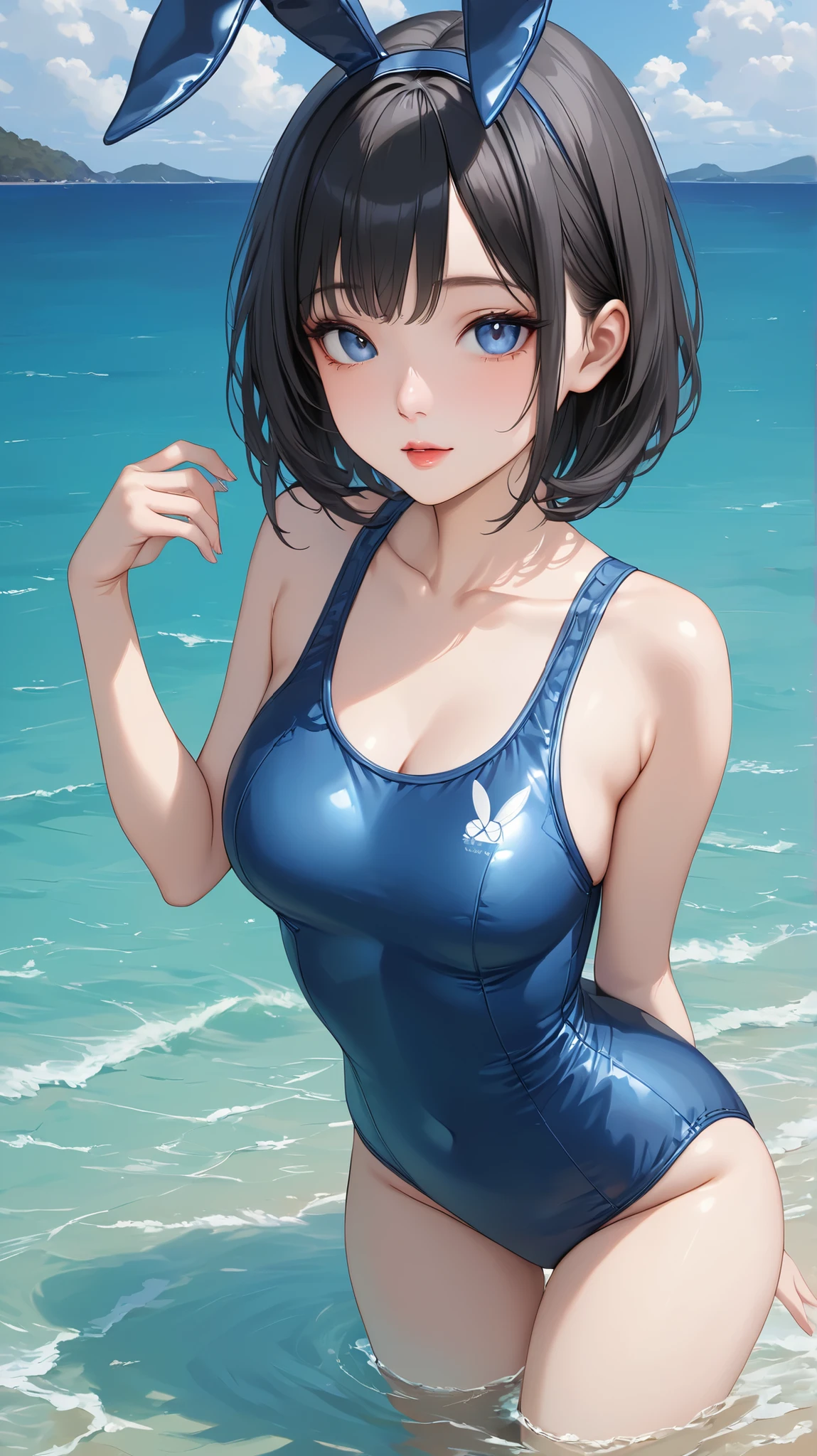 highest quality、Realistic、Women、zoom、Chestnut Hair、Turquoise Eyes、short hair、Swimwear、Grim face、Ocean、Looking down、、Bust Shot、