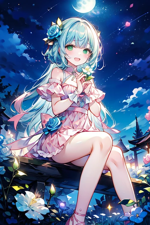 （masterpiece）、(highest quality)、((Super detailed))、(super delicate)、Idol in naughty night dress、Pastel colors hair、beautiful breasts、Thighs、Gorgeous、lake with mountain view、Fantastic starry sky