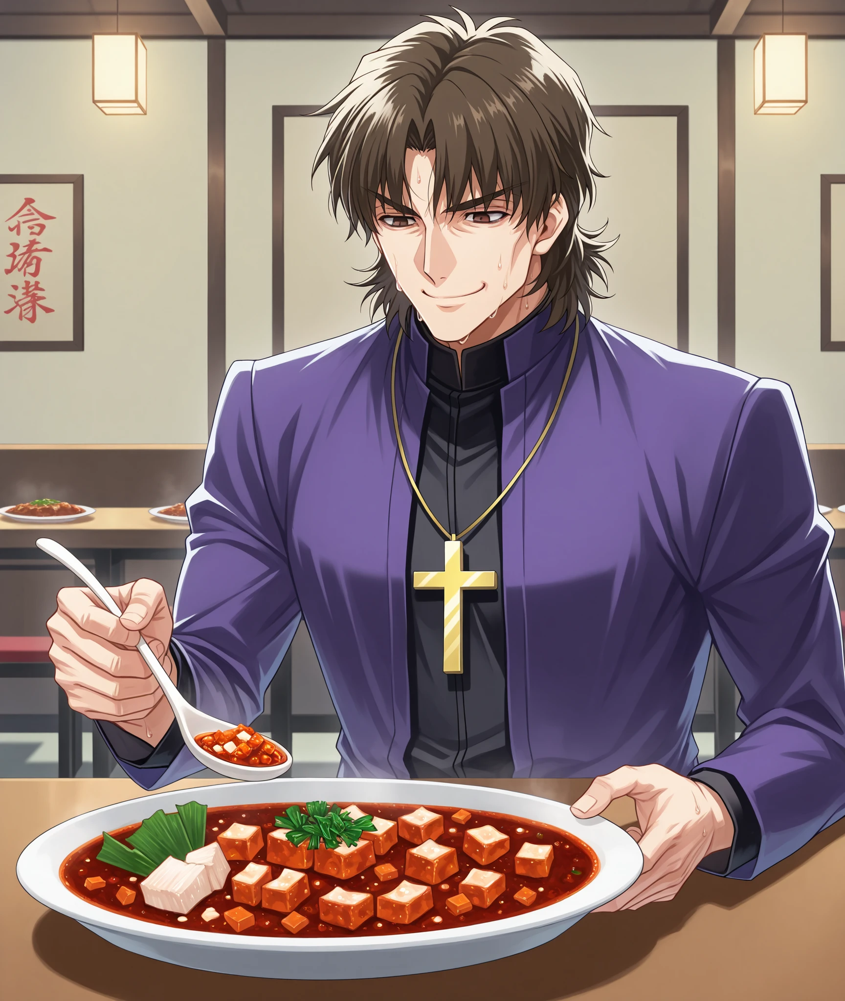 score_9, score_8_up, score_7_up, score_6_up, source_anime, BREAK
kotominekirei, kotomine kirei, 1boy, male focus, solo, jewelry, cross necklace, brown hair, cross, necklace, brown eyes, cassock, priest, cheekbones, long sleeves, smile, BREAK
Chinese restaurant,arrive at the table, Mapo tofu, Boiling Mapo tofu, holding a spoon, eating Mapo tofu, sweating profusely,