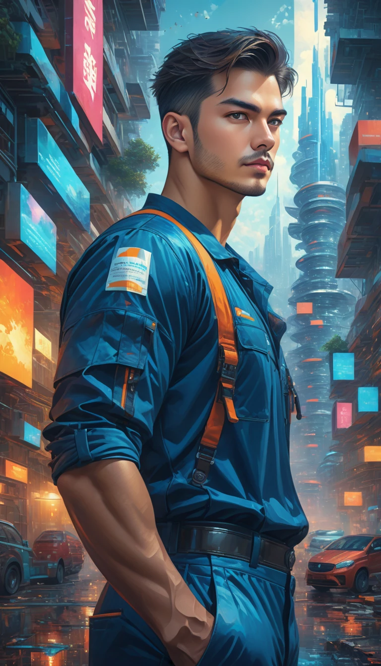 a male plumber working in a futuristic city, proud face, detailed, repairs in a modern and sleek looking building complex, posing with confidence while making, Serious and determined facial expression, realistic details, dramatic lighting, vibrant color, oil painting style, ultra high resolution, 4k, cup breasts