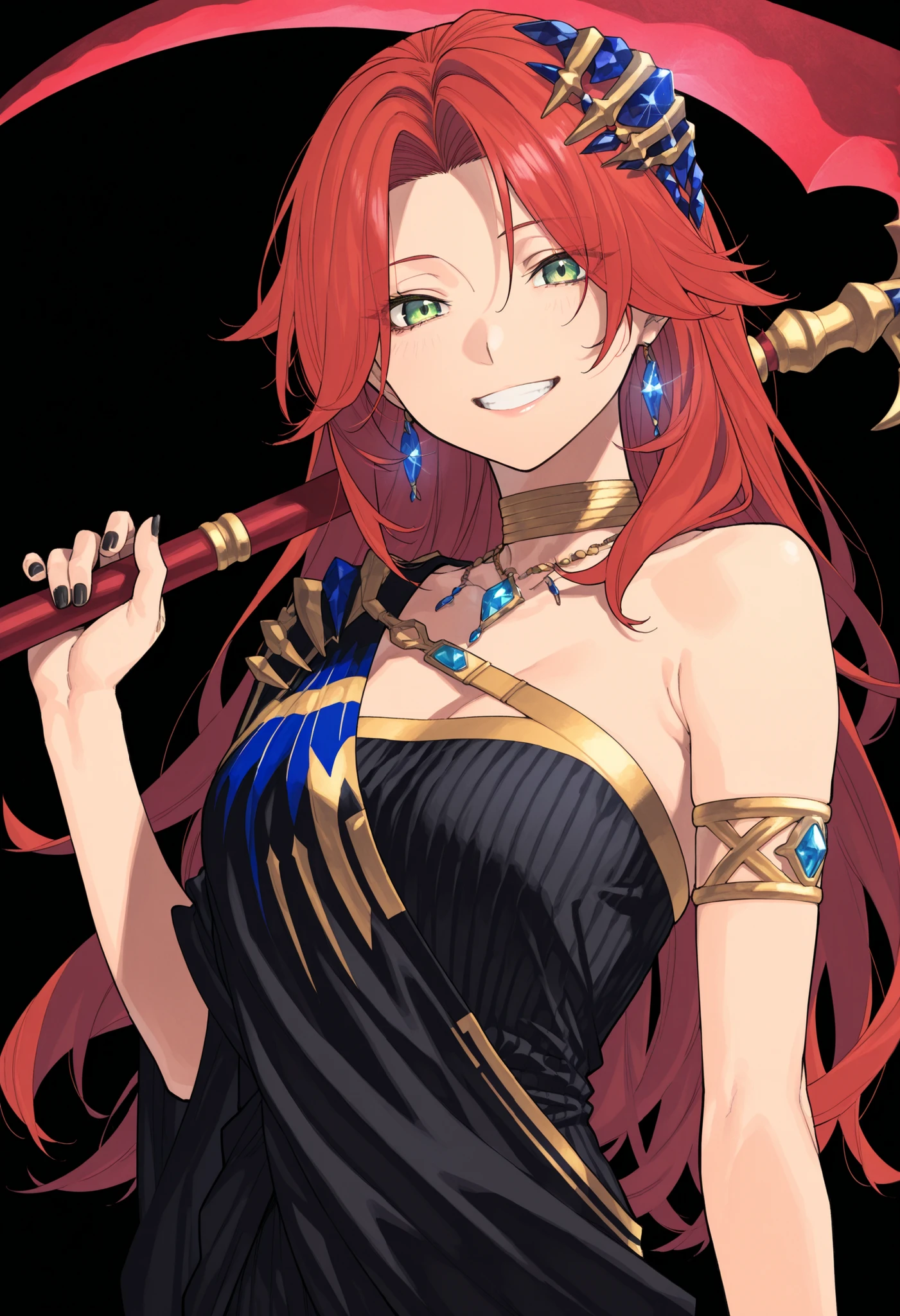 by kofunami nana, 1girl, sophia\(manus vindictae\)\(reverse:1999\), long hair, red hair, black dress, armlet, black nails, blue gemstone jewelry, gold choker, jewelry, green eyes, upper body, smile, grin, scythe (weapon), holding scythe, weapon over shoulder, red weapon, glowing scythe, looking at viewer, black background, masterpiece, best quality, amazing quality, very aesthetic, high resolution