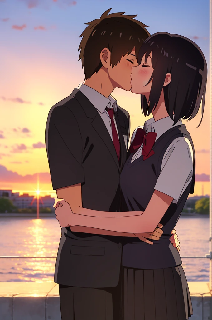 shinkai makoto, kimi no na wa., 1girl, 1boy, bangs, black hair, blush, Suspender Clothes, red bow, red headband, red ribbon, short hair, cute, love, couple, adorable, short sleeves, dating, open mouth, sigh, deep kiss, tongue kiss, saliva, closed eyes, Night, Nightview, sparkle, Outdoors, bracelet, passionate