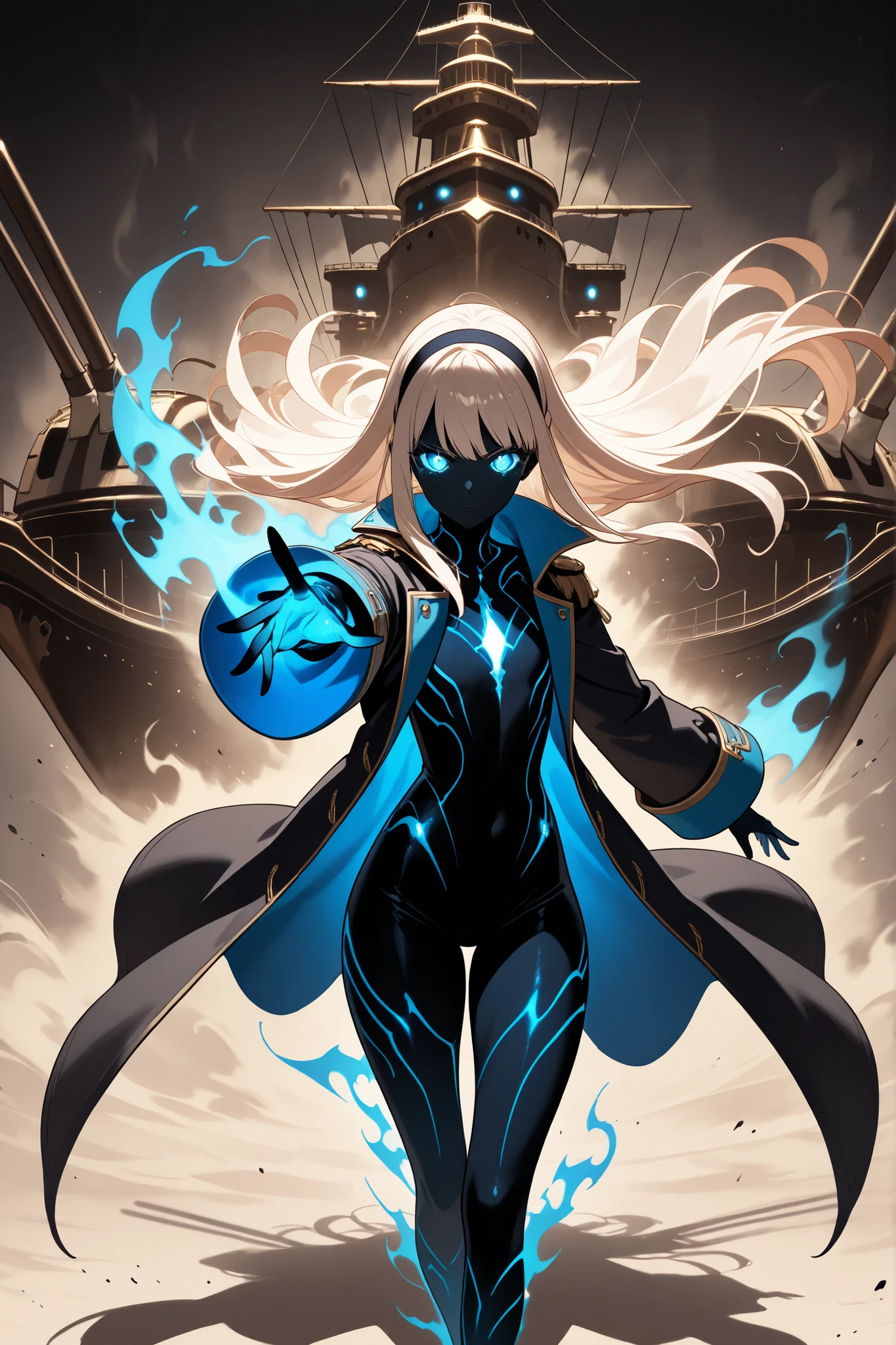 (masterpiece),(absurdres),(ultra detailed),(beautiful detaile),(captain stance、reaching hand,canon ship,canons,back fire、ghost ship:1.3,looking viewer,shadow,beige aura、glowing eyes,),(shadow、glowing、aura、black skin、glowing skin、aura skin、mist、void、dark fantasy)、glowing eyes,thick thighs, ethereal, floating hair, totally black skin, glowing eyes, ghost, black skin, glowing skin, aura skin, smokey skin, dark skin, misty and wispy, swirling smoke, ethereal, blue shadow,(solo lady),(23-year-old),(beige hair:1.2),(straight long hair:1.1),bangs:1.1,(()),blue eyes,(()),(flat chest),(hair band),(pirates coat),ミホ