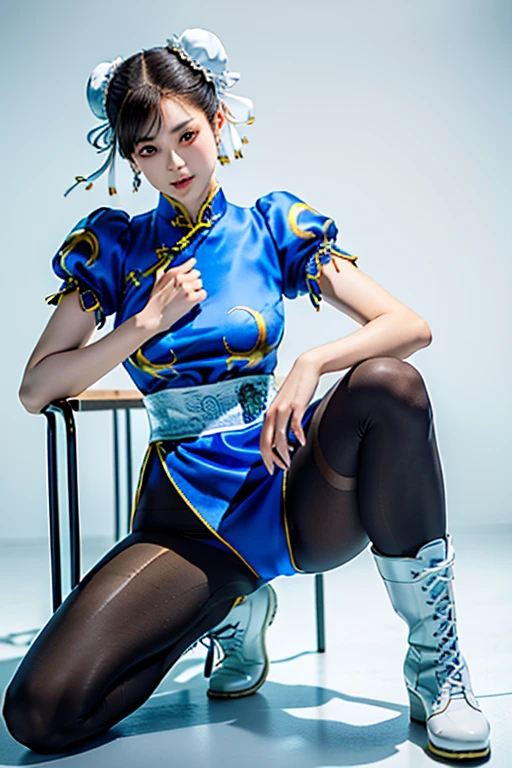 (Chun-Li from Street Fight II:1.2,perfect chun li costume:1.2,Blue cheongsam with gold lines:1.2,Bun head:1.2,bun cover:1.2,fighting pose:1.2,masterpiece:1.2、1 beautiful girl:1.2、fine eyes:1.2、puffy eyes:1.2、highest quality:1.2, 超High resolution:1.2, (reality: 1.4), movie lighting:1.2、Japanese:1.2、asian beauty:1.2、Korean:1.2、super beautiful:1.2、beautiful skin:1.2、body facing forward:1.2、(Full body:1.2,sitting:1.2,chair:1.2,legs togehter:1.2)、(超reality的な:1.2)、(High resolution:1.2)、(8k:1.2)、(very detailed:1.2)、(美しくfine eyes:1.2)、(Super detailed:1.2)、 (simple background:1.2)、detailed face:1.2、bright lighting:1.2、professional lighting:1.2、looking at the viewer:1.2、look straight ahead:1.2、slanted bangs:1.2、Nogizaka Idol:1.2、korean idol:1.2、masterpiece:1.2, highest quality:1.2, masterpiece:1.2, highest quality:1.2, perfect face:1.2, perfect brown eyes with white sclera:1.2, bad move-5:1.2, alone:1.2, 1 girl:1.2, brown hair:1.2, From SF2:1.2, Chinese service:1.2, muscular woman:1.2, blue clothes:1.2, pantyhose:1.2, pelvic curtain:1.2, Puffy short sleeves:1.2, Good cover:1.2, sash:1.2, evaluation:safety:1.2,beauty calves:1.2,white boots:1.2),