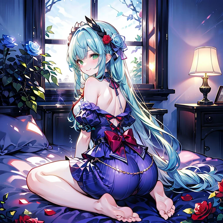beautiful illustrations, highest quality, pretty girl, 1girl, Bedroom, pastel colour, (two-separated lingerie), blue hair, yellow eyes, cute lingerie, bright lighting