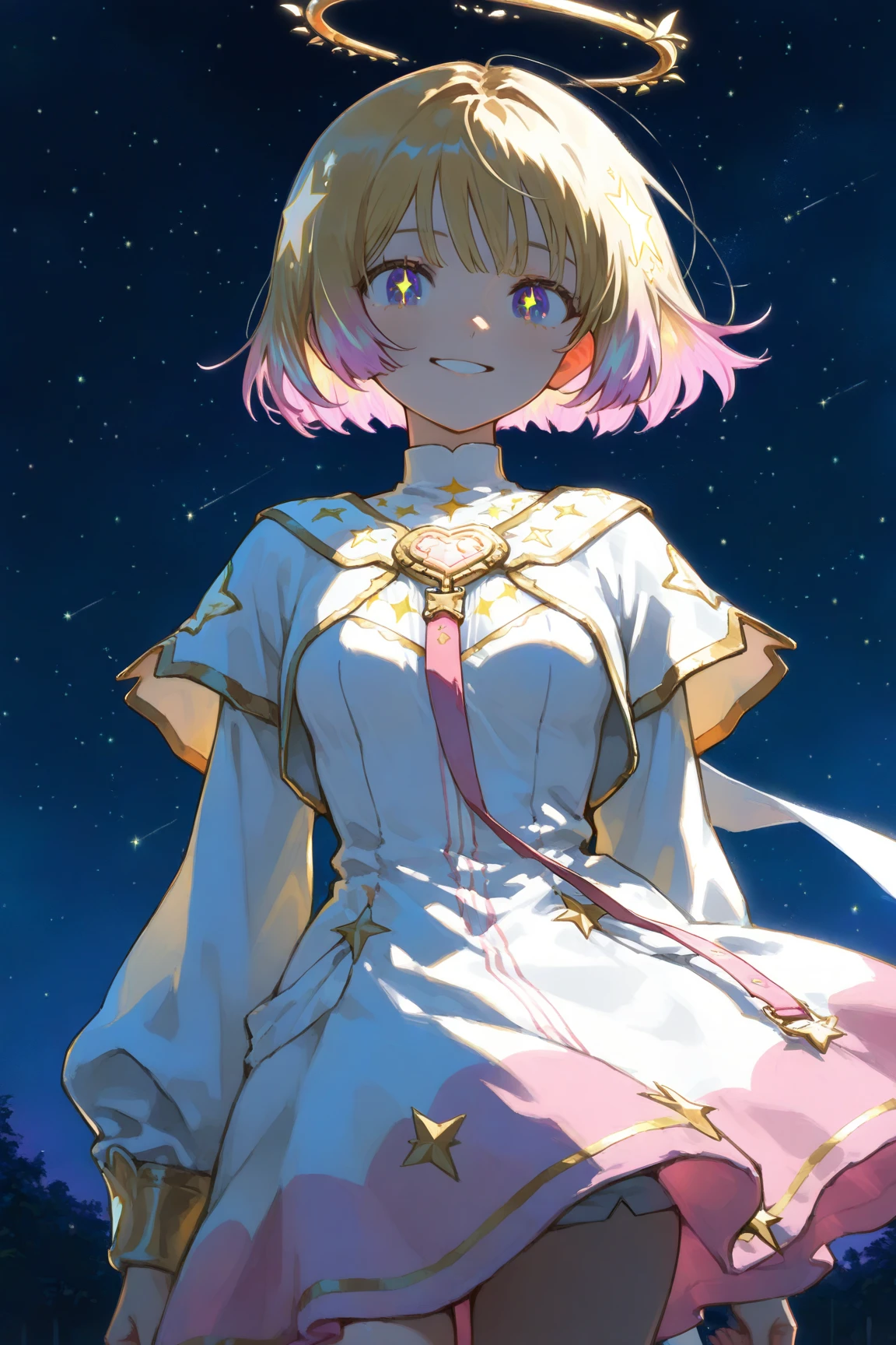 complex background, wishing star background, a woman wearing an ethereal mystical pink translucent dress that reflects the stars, dreamy, peaceful, serene composition, glowing stars, glowing, mystic, complex drawing, highly detailed, ethereal, starry night, midjourney style