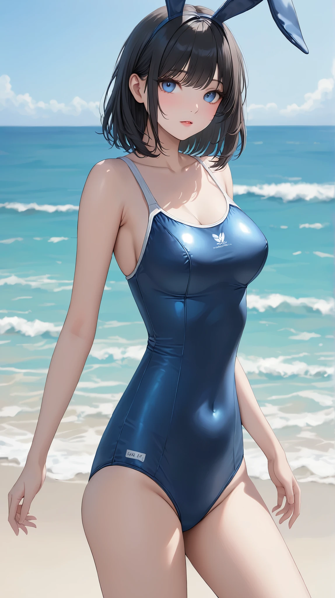(((4K,masterpiece,best quality,ultra detailed,high resolution))),(daytime,clear weather,front light),((solo)),looking viewer,(beautiful girl),(teenage),(black hair,medium hair,natursl wavy hair),(beautiful detailed face,beautiful detailed eyes,purple eyes),(finely detailed skin,fair skin),slender,light smile,shy,((pink swimsuits)),(one-piece competition swimsuits),(on the besutiful lake,beautiful sky),(arms behind back),(cowboy shot,from below), (sagging breast,sideboob)