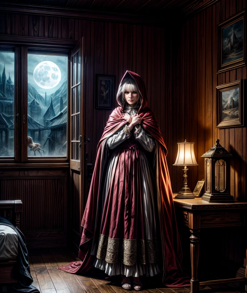 little red riding hood,room,wolf disguised as granny,detailed fantasy scene,young woman wearing red cloak,standing in cozy wooden cabin bedroom, features with large expressive eyes,slightly fearful expression,standing alert and cautious,ornate carved furniture,crackling fireplace with warm glow,lace curtains blowing in breeze,moonlight streaming through window,wolf in granny disguise sitting in bed,photorealistic,4K,ultra-detailed,dramatic lighting,fantasy art,digital painting,vibrant colors,moody atmosphere