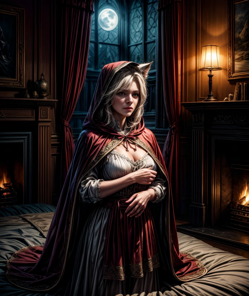 Una caperucita roja, Rubio, triste, chimenea, comedor, filete sangriento, velas, vino tinto, ilustraciones, Alta calidad, ultra detallado, fotorrealista, vivid colors, retratos, warm color tone, soft lighting.