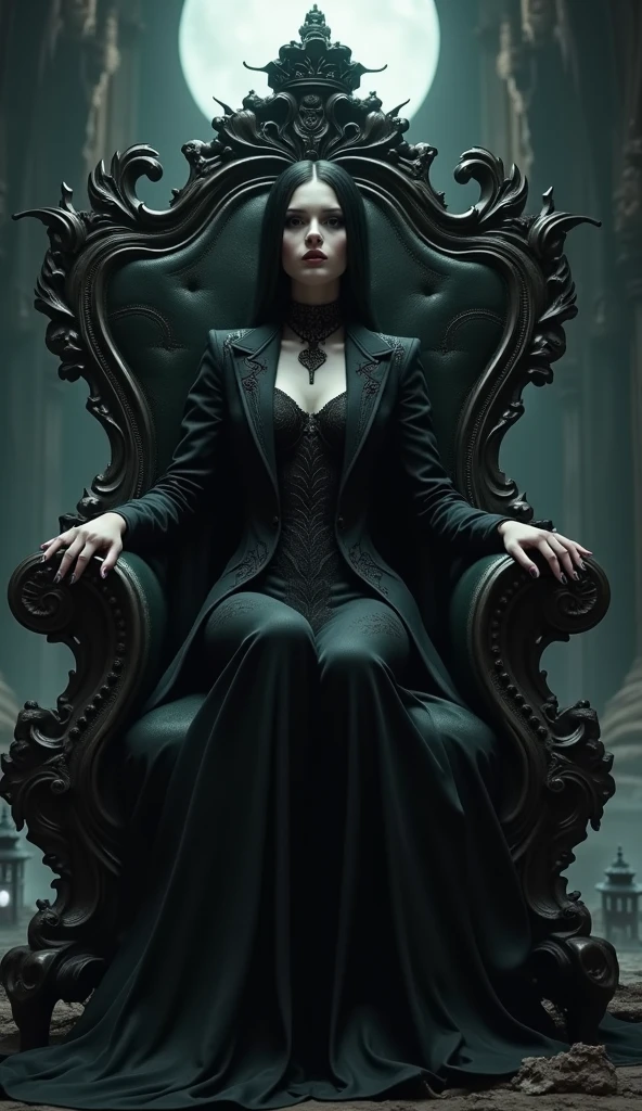 Actress munmun dutta in a black saree, high heels, black gloves with sharp cat like claws, wearing a cat head mask which covers her glowing green cat eyes attach with her attire a black cape, ready to unleash her wrath upon her prey with a signature meow pose, and has a cunning smile on her cherry red lips. The evil Catwoman is sitting on a cat shape like throne