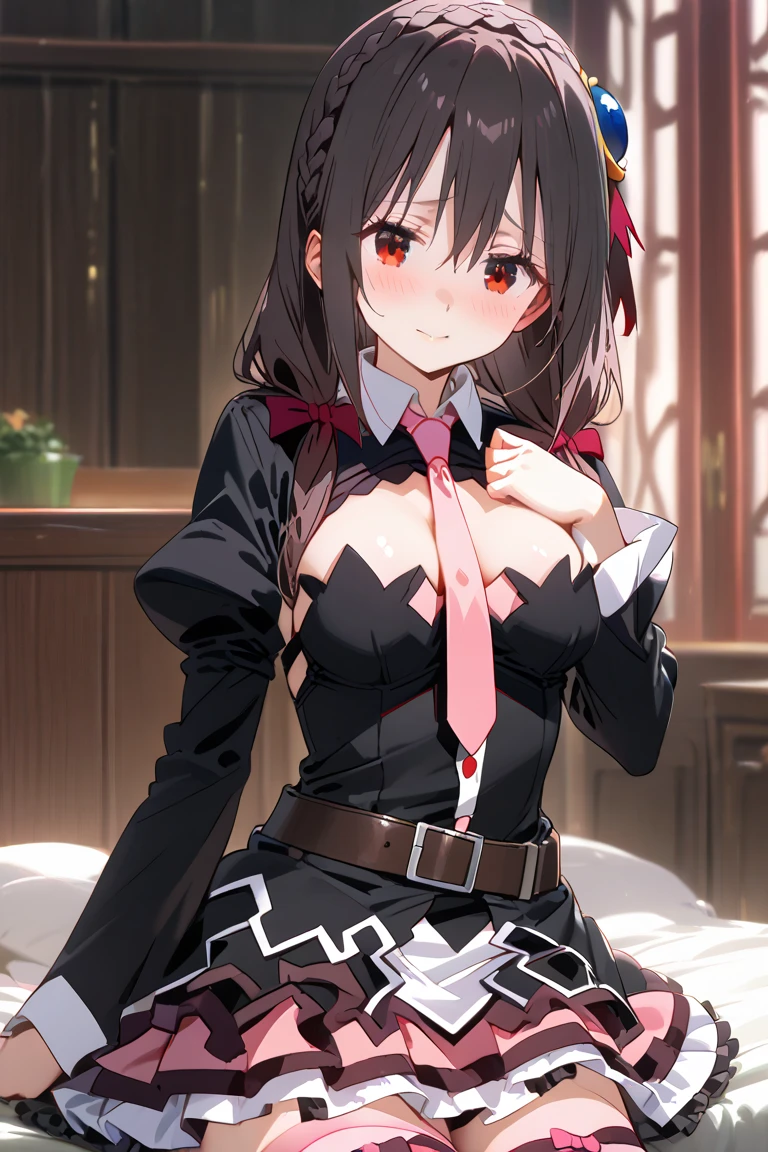 alone, One person, Yunyun, Happy expression、(blush:1.2)、Crown braids of the same color as your hair, (Red Eyes:1.2)、hair ornaments, Hair Ribbon, Pink tie, Black long sleeve, Pink Skirt, Knee socks, Cleavage,, Highest quality, High resolution,(Delicate and beautiful eyes:1.6), The face is rich in detail, Perfect lighting, Highly detailed CG, 