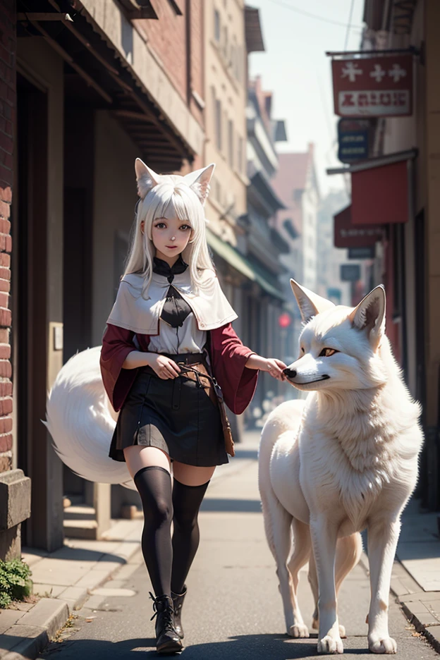 a white haired fox girl helping strangers in a fantasy world street