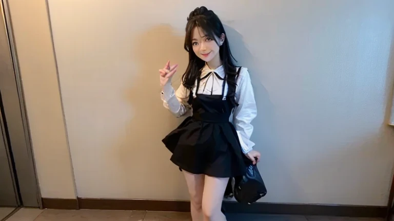 Standing in the hallway of a large house、Cute black hair、Young girl with twin tails、Japanese、Makeup and a pretty face like an idol、Smiling、Cute outfitini skirt、Full body portrait