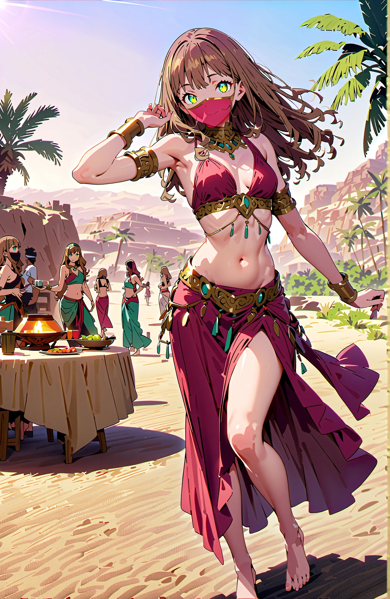 Yume minami, long hair, brown hair, green eyes, bungs,smile,Medium breast,Arabian clothing,Bare legs,bare feet, dancer , mouth Veil, belly Dancing, Veil, armlet, Palm Tree, water, Dancing,full bodyがillustrationsに入るように,break outdoors, desert, oasis,
break looking at viewer,full body,
break (masterpiece:1.2), top quality, high resolution, Unity 8k 壁紙, (illustrations:0.8), (beautiful detailed eyes:1.6), Highly detailed faces, perfect lighting on the table, extremely detailed CG, (perfect hand, perfect anatomy),