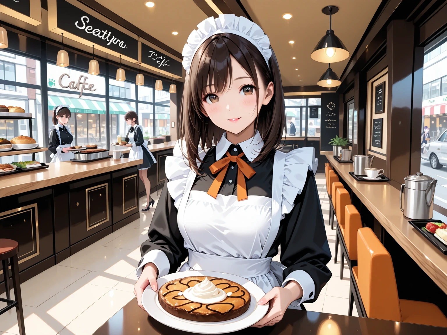 (Highest quality), beautiful woman,  maid, in cafe, tokyo, serve customers, serving, catering, 