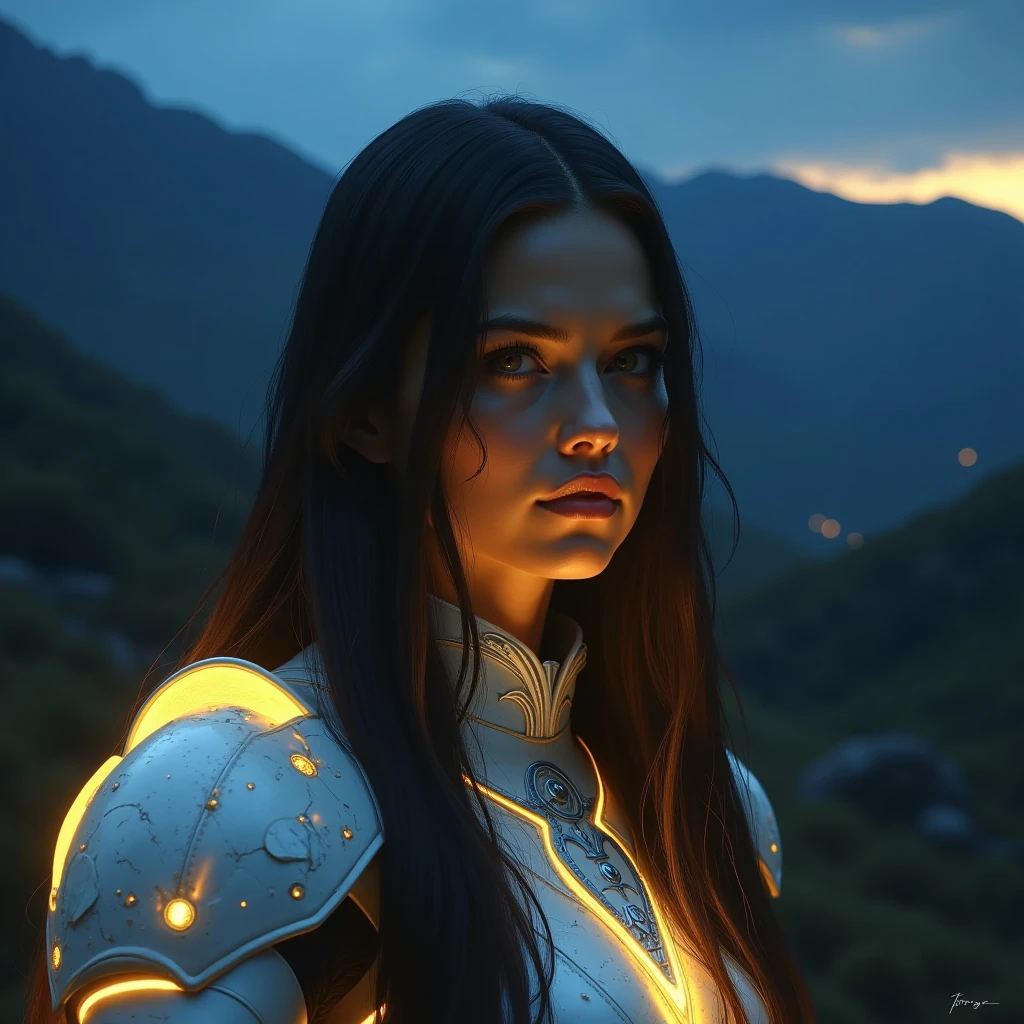 A beautiful 22-year-old woman with long hair and a serious expression, her smile is shy. She wears a modest radiant white metallic armor. The background is a vast valley lit with deep shades of bright blue and gold, creating a dramatic contrast with the soft glow illuminating her skin. The overall atmosphere is nostalgic and enigmatic, evoking a sense of longing.