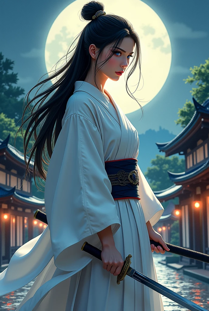 ((最高品質)), ((傑作)), ( 詳細), ((Top Quality)), ((Masterpiece)), Woman, Swordsman, White Kimono, Warrior, Sword, Blue Eyes, Long Sword Half Opened, Kyoto Background, Moonlit Night, Long Hair, White Hakama, Full Body, Holding Sword in One Hand