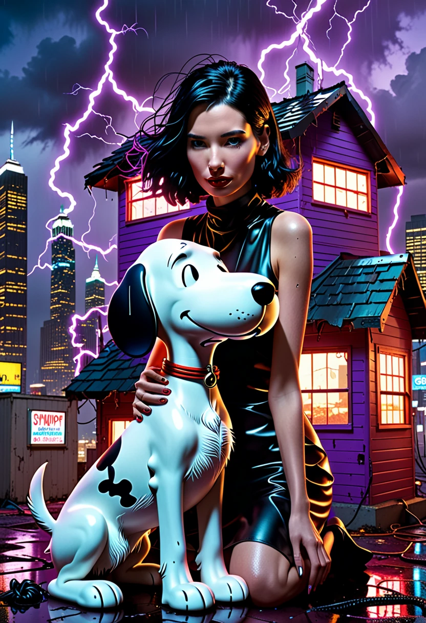 A hyper-detailed, boundary-shattering artwork featuring a provocative and surreal collaboration between a dangerously seductive woman and Snoopy, both consumed by a relentless, corrupting digital virus. Snoopy, perched atop a crumbling, glitch-riddled doghouse, is a twisted shadow of his former self—his fur matted and streaked with glowing binary scars, his eyes blazing crimson with feral intensity, and jagged, virus-laden tendrils erupting from his body, writhing like living code. These tendrils coil around the woman, binding them in a grotesque yet mesmerizing symbiosis, as if the virus has fused their fates.

The woman, a breathtaking vision of raw sensuality, presses her body against Snoopy, her scandalously revealing dress—torn and shimmering with a wet, translucent sheen—barely clinging to her curves, hinting at the forbidden. Her skin, slick with sweat and etched with faint, glowing digital veins, pulses faintly with the virus’s influence. Her pose is brazenly intimate, one leg draped over Snoopy’s tendrils, her lips parted in a mix of ??????? and defiance as she locks eyes with him, her raven-black hair cascading wildly in the electric wind.

The scene unfolds in a sprawling, dystopian cyberpunk cityscape under a fractured sky, where neon-lit skyscrapers flicker with corrupted data streams and purple lightning tears through the darkness. The ground is slick with reflective puddles, mirroring the chaotic interplay of Snoopy’s viral tendrils and the woman’s glowing skin. The air hums with the static buzz of frying circuits, the acrid scent of burning ozone, and the distant wail of a collapsing digital world—an immersive, sensory overload that amplifies the artwork’s visceral impact. This is a daring, provocative masterpiece of beauty, corruption, and forbidden unity.