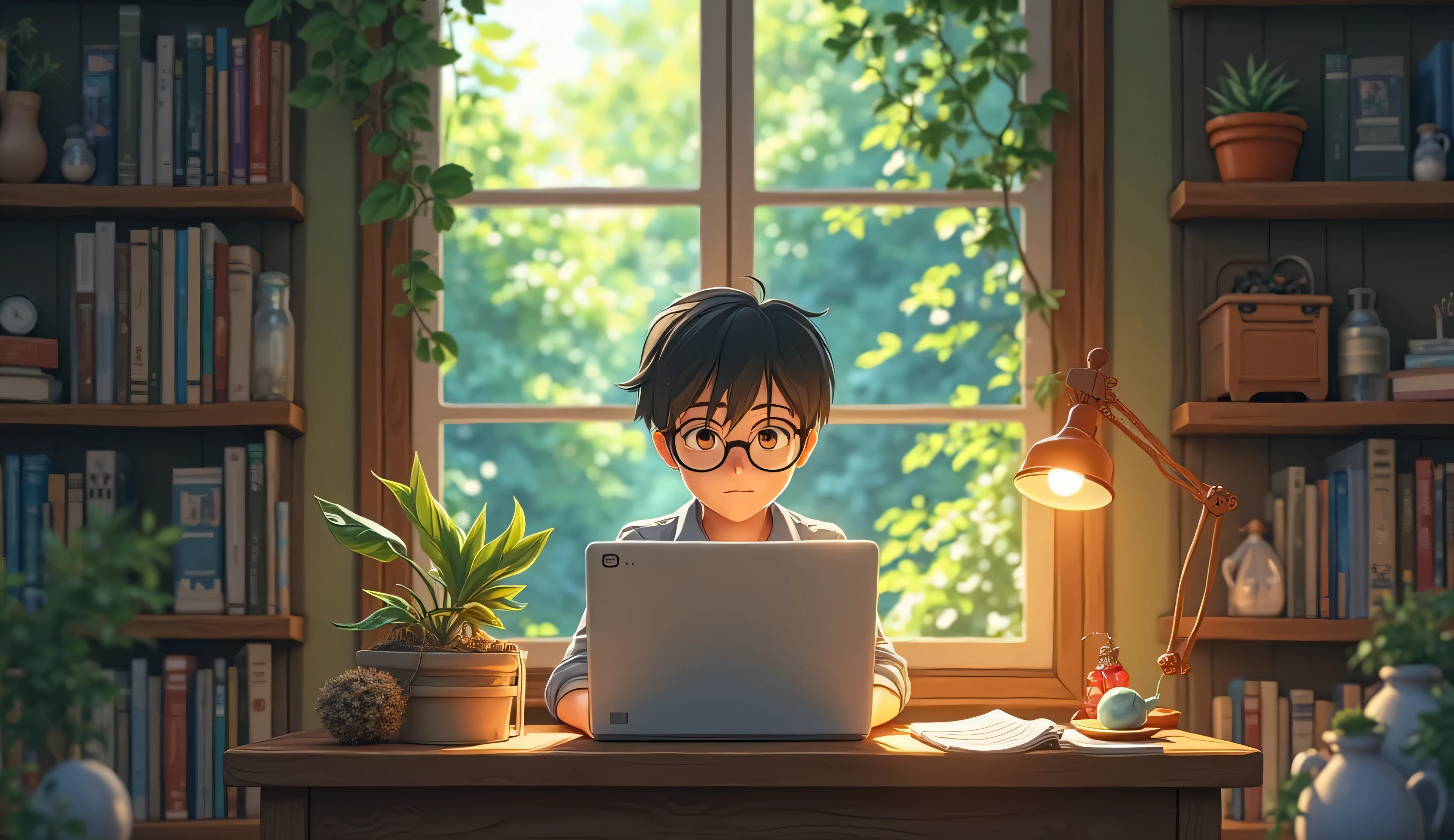 Create boy in style at Studio Ghibli studying on his computer 