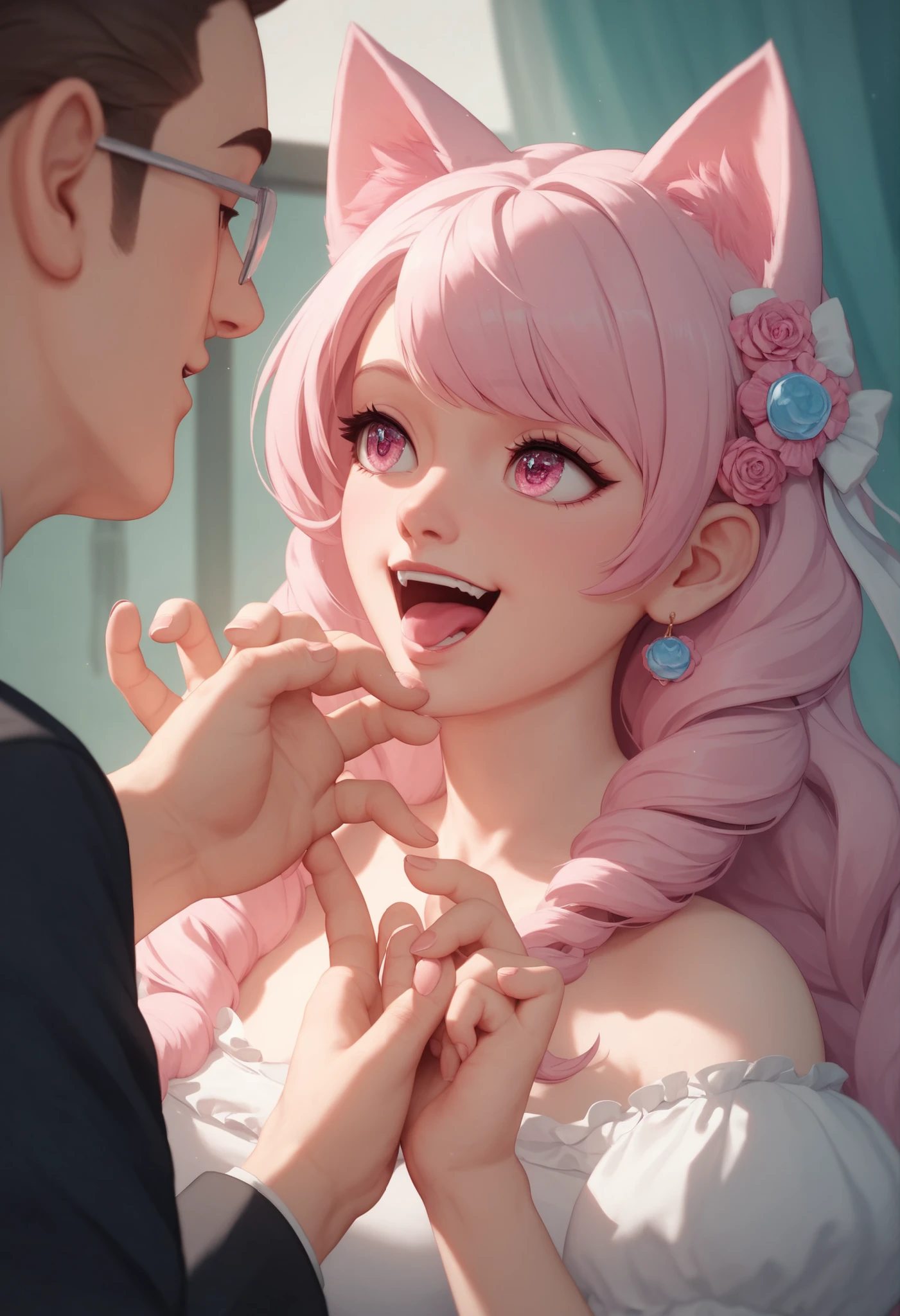  An anime girl with a pair of cat ears ,  The inside of her ears are soft white fluff,  Her eyes are wide open and curious ,  See me , pretty eyes, whaite hair, Pink Eyes, good art, good drawn , anime 2-dimensional, 2-dimensional, lovely,  Each hand has 5 fingers she is excited and happy , beautiful hand,  Nicely drawn hands , 4K, 8 thousand,