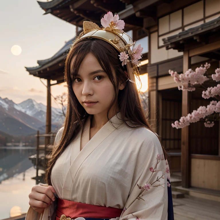 Asuna, Masterpiece , Best Quality, detailed, (1girl), alone, detailed golden eyes, long hair, perpetual, See it up close , (detailed kimono), A faint smile , middling , ( Behind the hand), Eau, the setting sun, (head gear), (Sakura blossoms), The background is a snow-capped alpine lake