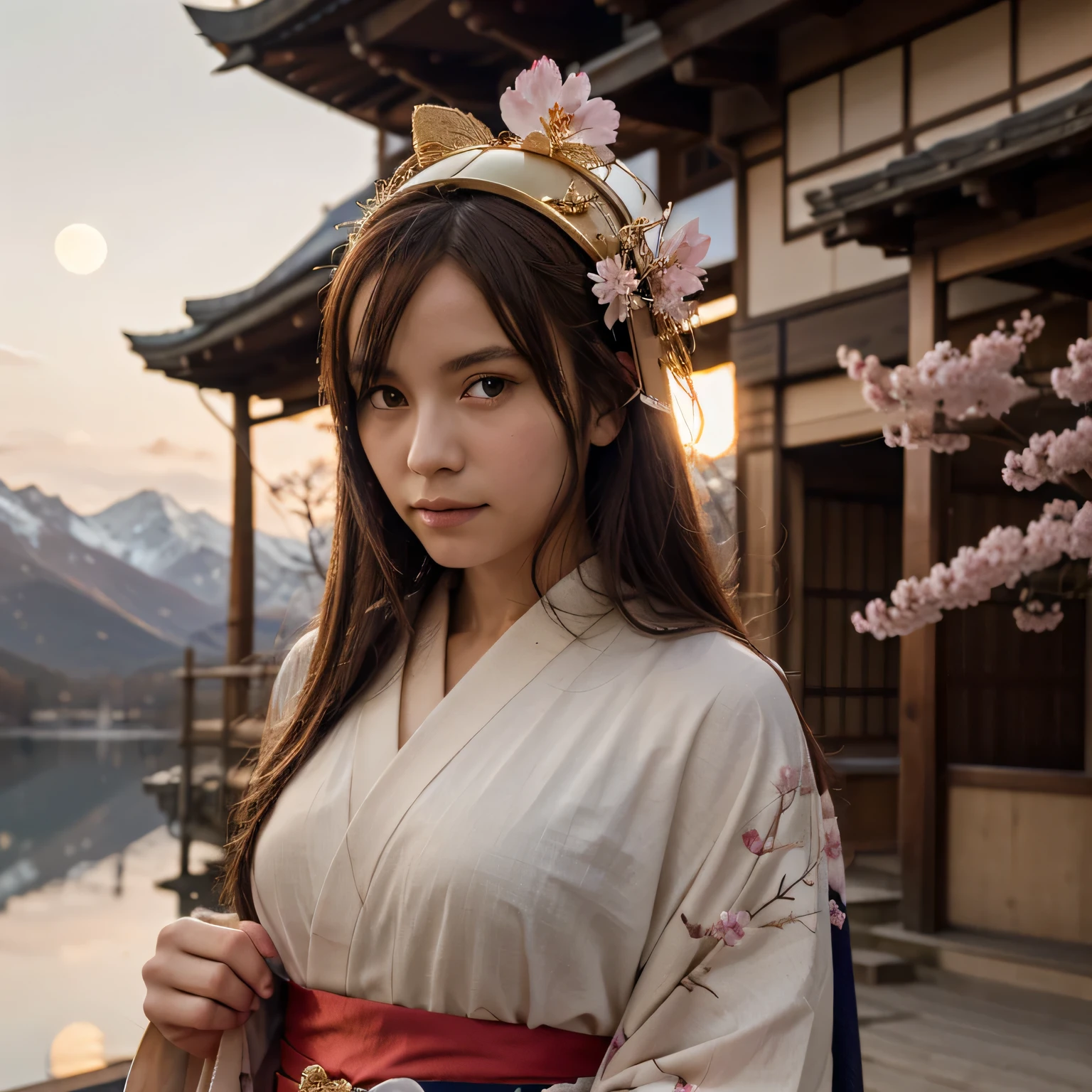Asuna, Masterpiece , Best Quality, detailed, (1girl), alone, detailed golden eyes, long hair, perpetual, See it up close , (detailed kimono), A faint smile , middling , ( Behind the hand), Eau, the setting sun, (head gear), (Sakura blossoms), The background is a snow-capped alpine lake