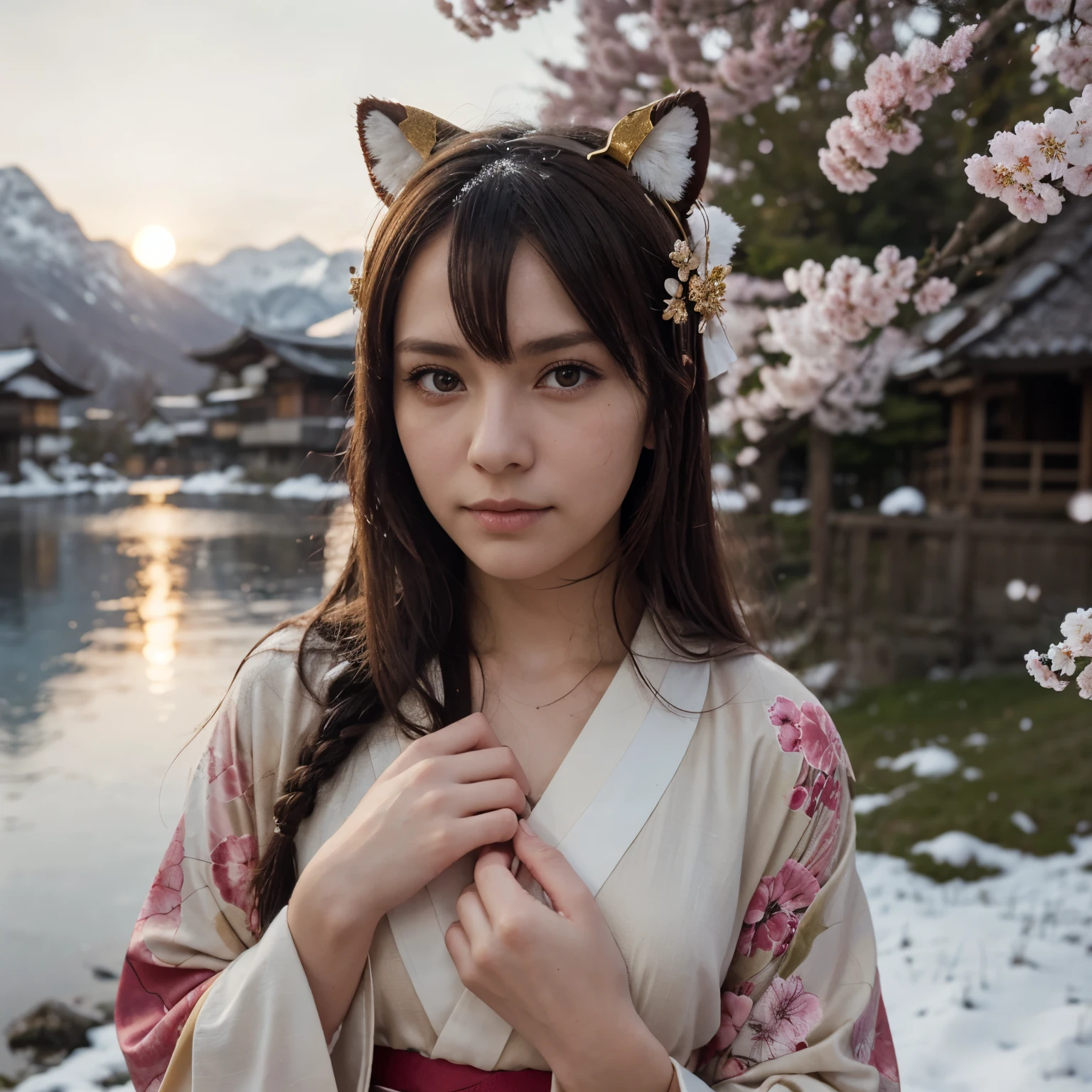 Asuna, Masterpiece  , Best Quality, detailed, (1girl), alone, detailed golden eyes,   long hair, perpetual, See it up close , (detailed kimono),  A faint smile , middling ,  ( Behind the hand), Eau, the setting sun, (head gear), (Sakura blossoms),  The background is a snow-capped alpine lake