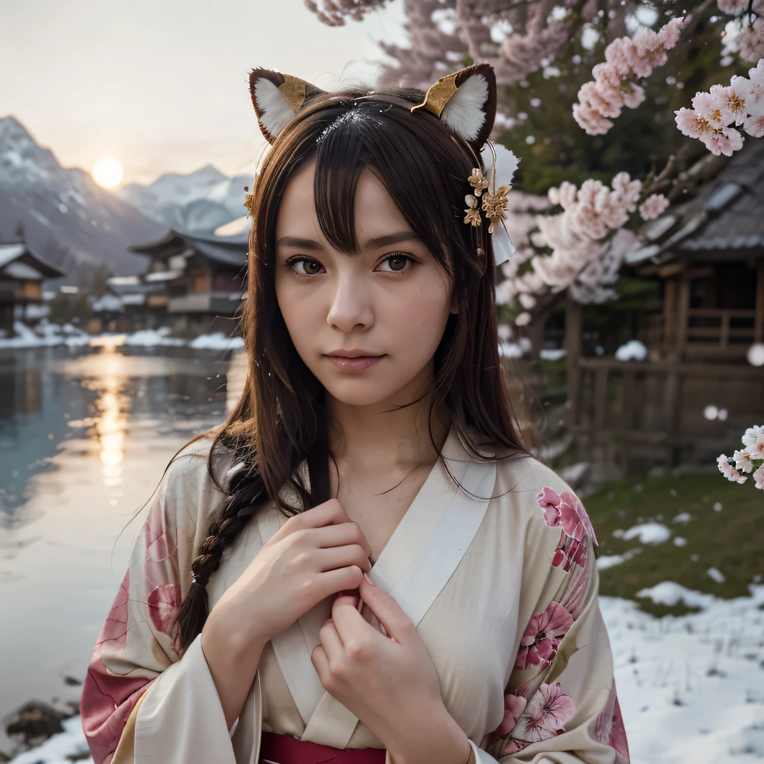 Asuna, Masterpiece  , Best Quality, detailed, (1girl), alone, detailed golden eyes,   long hair, perpetual, See it up close , (detailed kimono),  A faint smile , middling ,  ( Behind the hand), Eau, the setting sun, (head gear), (Sakura blossoms),  The background is a snow-capped alpine lake