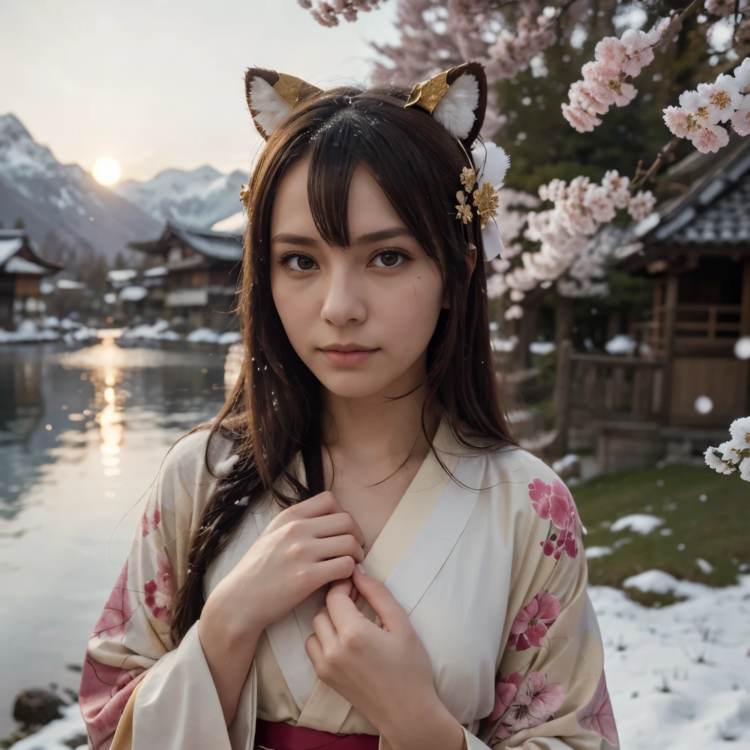 Asuna, Masterpiece  , Best Quality, detailed, (1girl), alone, detailed golden eyes,   long hair, perpetual, See it up close , (detailed kimono),  A faint smile , middling ,  ( Behind the hand), Eau, the setting sun, (head gear), (Sakura blossoms),  The background is a snow-capped alpine lake