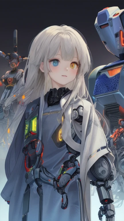 (Masterpiece :1.4), (artwork of a:1.2), (Soft and Simple Colors:1.2), (machine arm:1.1), (Heterochromia+Colorful:1.33), (1girl:1:1), (Long gray hair，With bangs), (Portrait:1:1), (Best Decomposer), (wearing robot+Technical Robe:1:2), (Very Elongated Eyes:1.3), (Well made iris flowers+draw+Impeccable:0.8)0.7], (Extremely Detailed CG 8k Unit Wallpaper 0.6), (Machine Shop Scene:1:1)