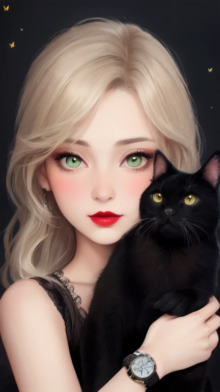 8 thousand, alone, beautiful girl, black cats, cosmetics, Blush, lipsticks, Redlip, Portrait, realistic, green eyes, watch the audience, painting of a, butterflys,