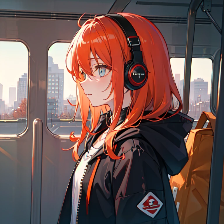 (masterpiece, sidelighting, ultra-detailed, finely detailed beautiful eyes: 1.2), 1girl, bag, building, from side, headphones, hood, hood down, hooded jacket, hoodie, jacket, long hair, orange hair, profile, red hair, solo, train, train interior, upper body, Masterpiece, best quality