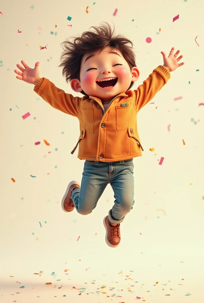 Round face, Facing the camera, Smile , Get up and jump