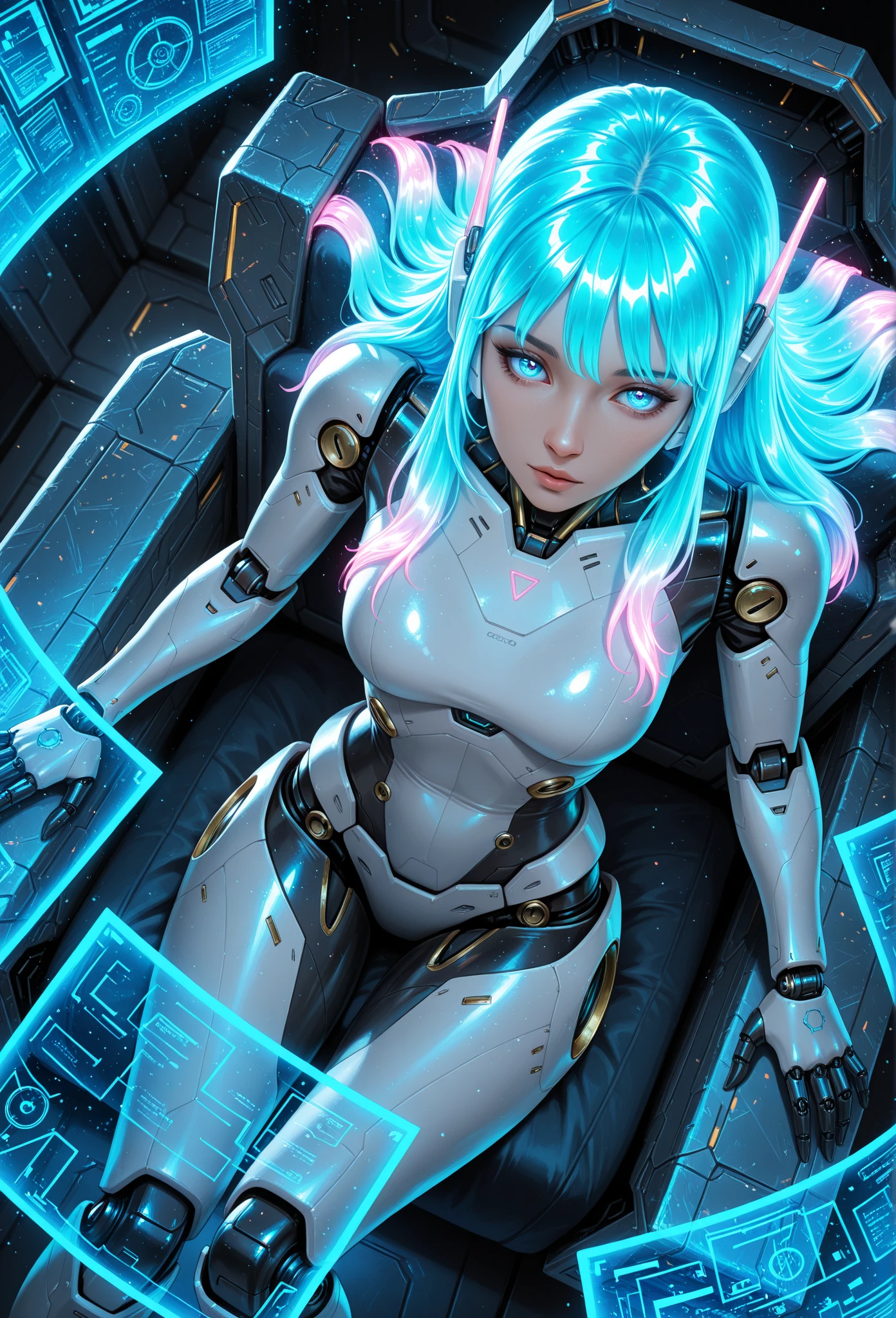 Smooth Quality, science fiction, 1girl, android, holographic interface, glitter, light particles, faint lighting, glowing, hereal, neon hair, glowing hair, long hair, looking at viewer, relaxing, from above, dynamic angle
