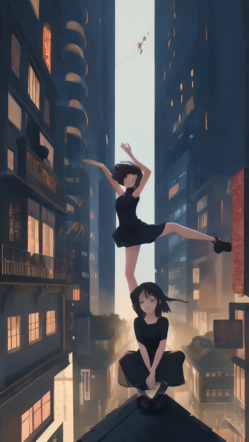 A girl in a black top sits on the edge of a skyscraper, by Ghibli Studio, city scenery, A detailed illustration, Official fine art, Kavasi style, graceful movements, nocturne, Composing music, wallpaper hd