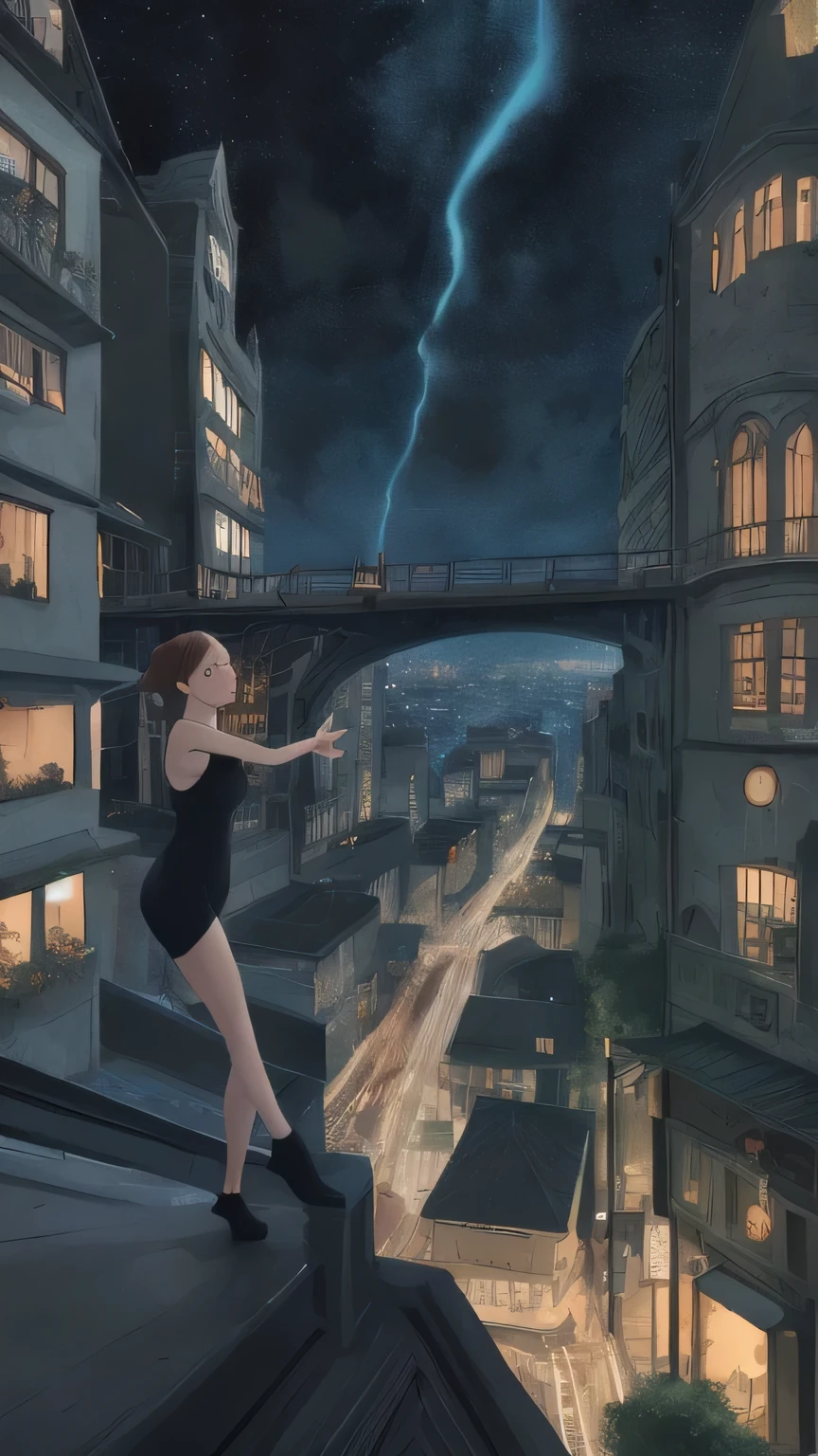 A girl in a black top sits on the edge of a skyscraper, by Ghibli Studio, city scenery, A detailed illustration, Official fine art, Kavasi style, graceful movements, nocturne, Composing music, wallpaper hd